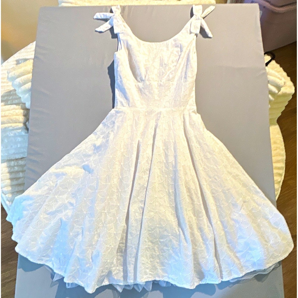 White Eyelet Tie Shoulder Fit and Flare Dress with Tulle Crinoline Lining